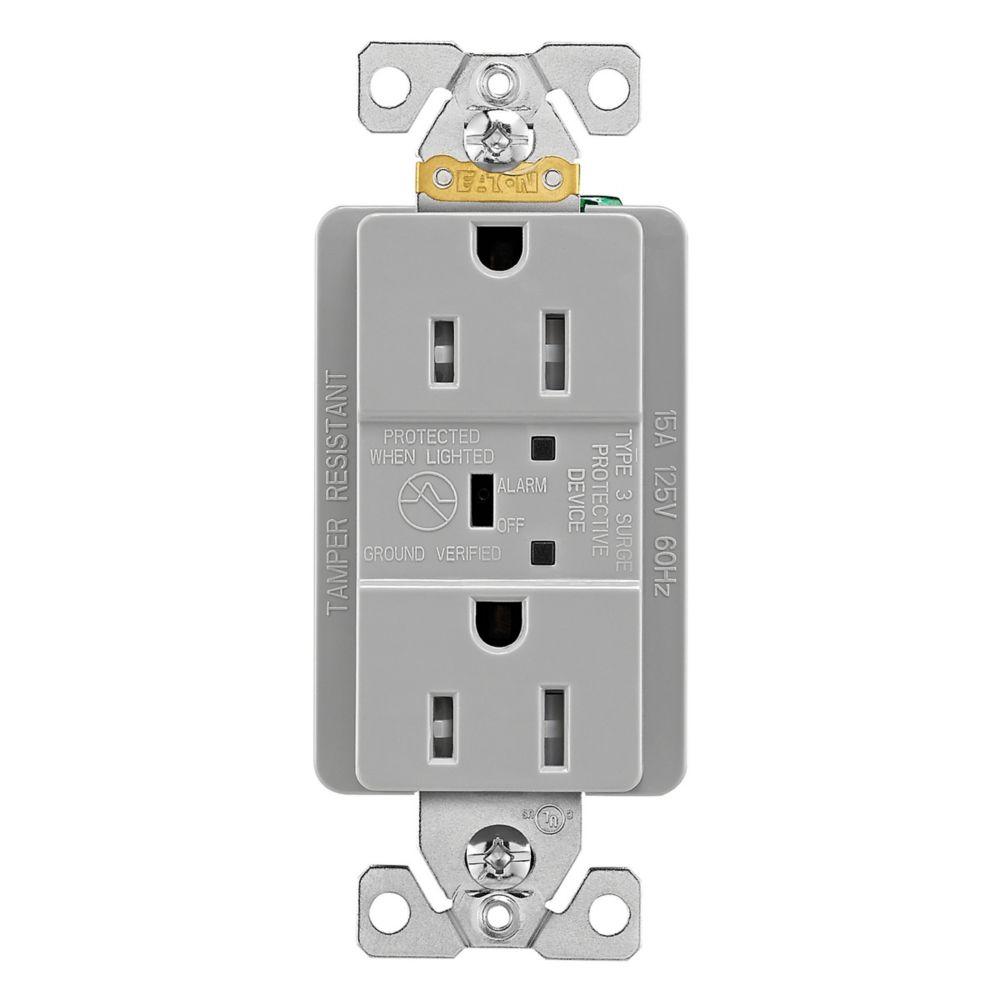 SURGE RECP TR 15A 125V LED & ALARM GY